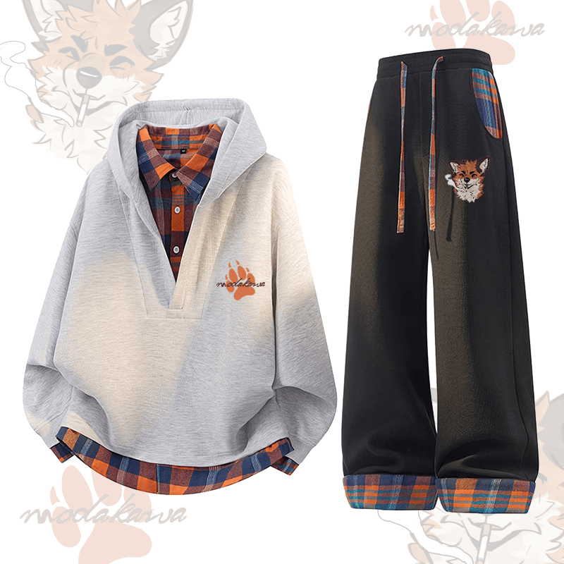 MODAKAWA X atka Fox Smoking Graphic Plaid Hoodie Pants Two Pieces Set - Grey& Black - 3XL - image 5