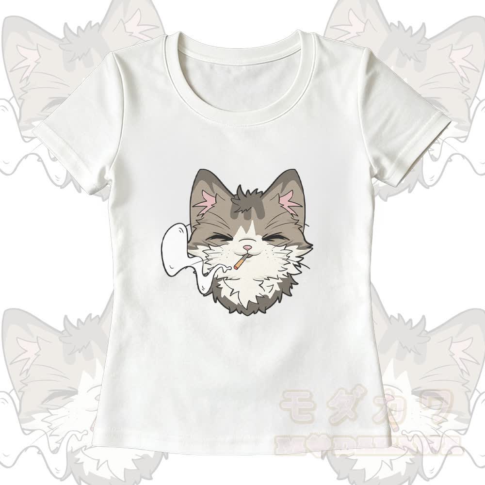 Smoking Cat Grafik-T-Shirt mit U-Ausschnitt und dazu passende Hose mit weitem Bein - Weißes T-Shirt - XL - image 3