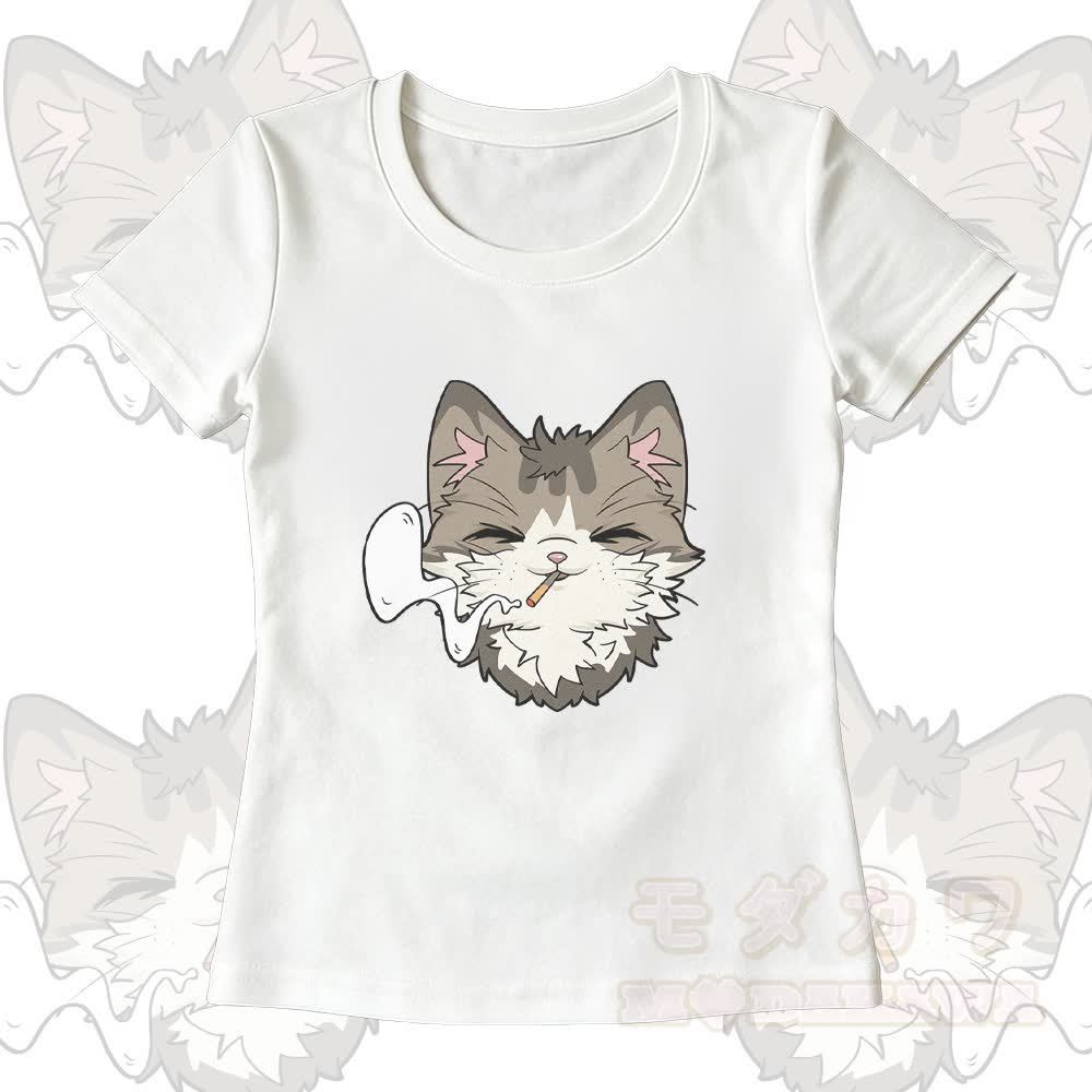 Smoking Cat Grafik-T-Shirt mit U-Ausschnitt und dazu passende Hose mit weitem Bein - Weißes T-Shirt - XL - image 3