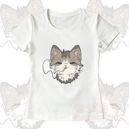 Smoking Cat Grafik-T-Shirt mit U-Ausschnitt und dazu passende Hose mit weitem Bein - Weißes T-Shirt - XL - image 3