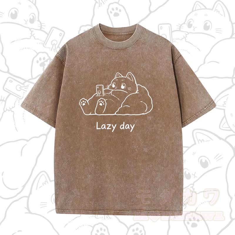 MODAKAWA LAZY DAY Kurzarm-T-Shirt mit niedlichem Katzenprint - Brown B - 5XL - image 13