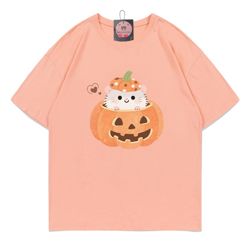 T-Shirt mit Kürbis-Kätzchen-Print - Peach - 5XL - image 4