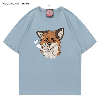 MODAKAWA X atka Fox Smoking Graphic T-Shirt - Dusty Blue - 5XL - image 6