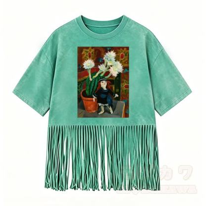 Modakawa T-Shirt mit gewaschenen Fransen und Grafikdesign - Grün - 5XL - image 6