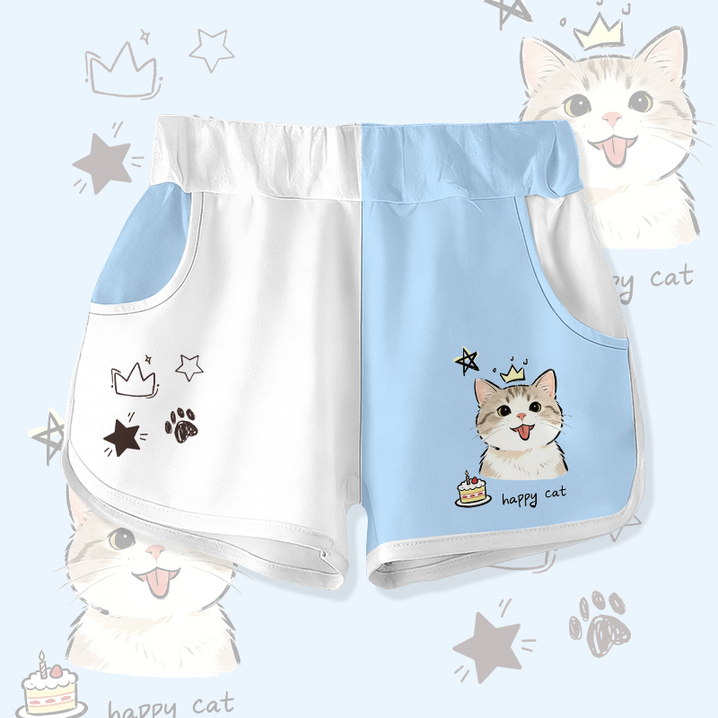 HAPPY CAT Katzenkuchen Grafik Modakawa Farben Block Shorts - White & Blue - 5XL - image 2