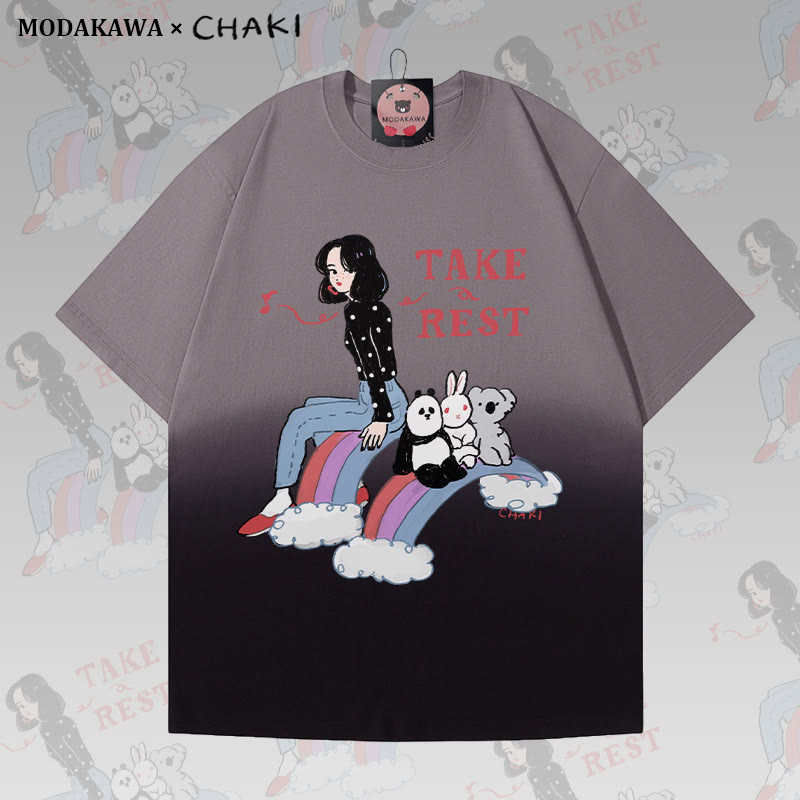 Gönn dir eine Pause! Mädchen sitzt mit Tieren auf einem Regenbogen-Grafik-Farbverlauf-T-Shirt - Grey - 4XL - image 5