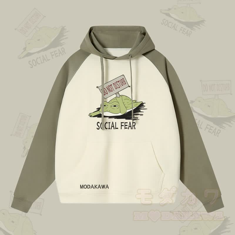 DO NOT DISTURB SOCIAL FEAR Streetwear-Hoodie mit Frosch-Grafik und Farben - Grün&Aprikose - 3XL - image 4