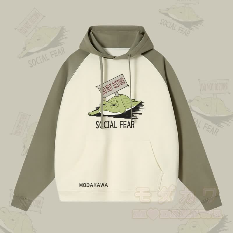DO NOT DISTURB SOCIAL FEAR Streetwear-Hoodie mit Frosch-Grafik und Farben - Grün&Aprikose - 3XL - image 4