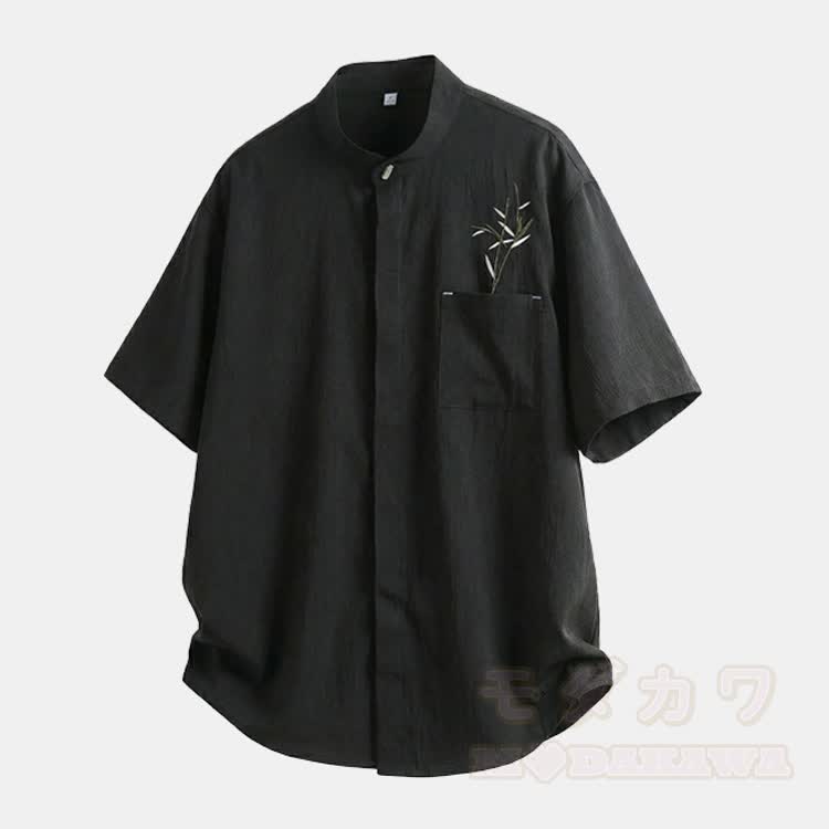 Bambusbesticktes Hemd mit Stehkragen und Knopfleiste - Schwarz - 2XL - image 7