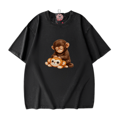 PUNCH Monkey Graphic Modakawa Vintage Washed 100% Cotton T-Shirt - Black - 5XL - image 3