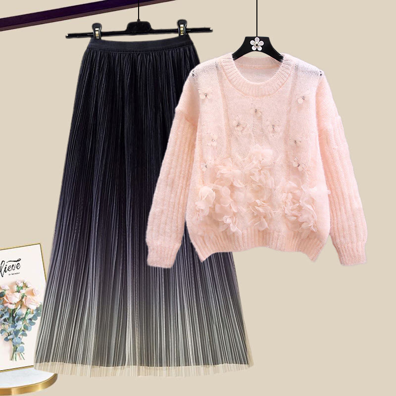 3D-Blumenstrickpullover und passender Farbverlaufrock – Outfit - Set D - XL - image 4