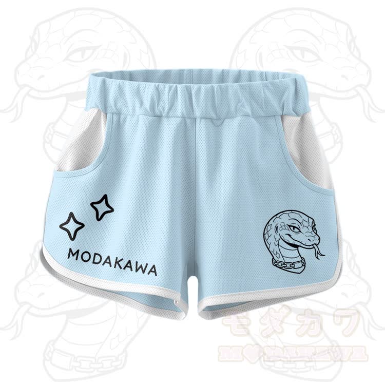 Crop-Top mit Schlangenmuster, Sporttop und Shorts, Modakawa-Kombinationsoutfit - Blaue Shorts - 5XL - image 9
