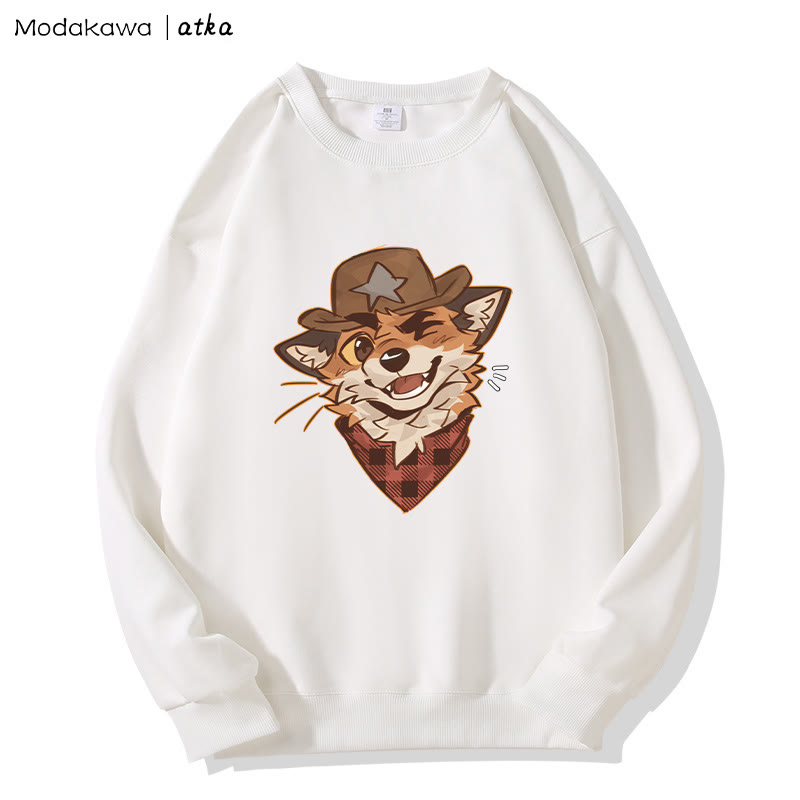 MODAKAWA X atka Cowboy Fox Winking Graphic Round Collar Sweatshirt - White - 5XL - image 4