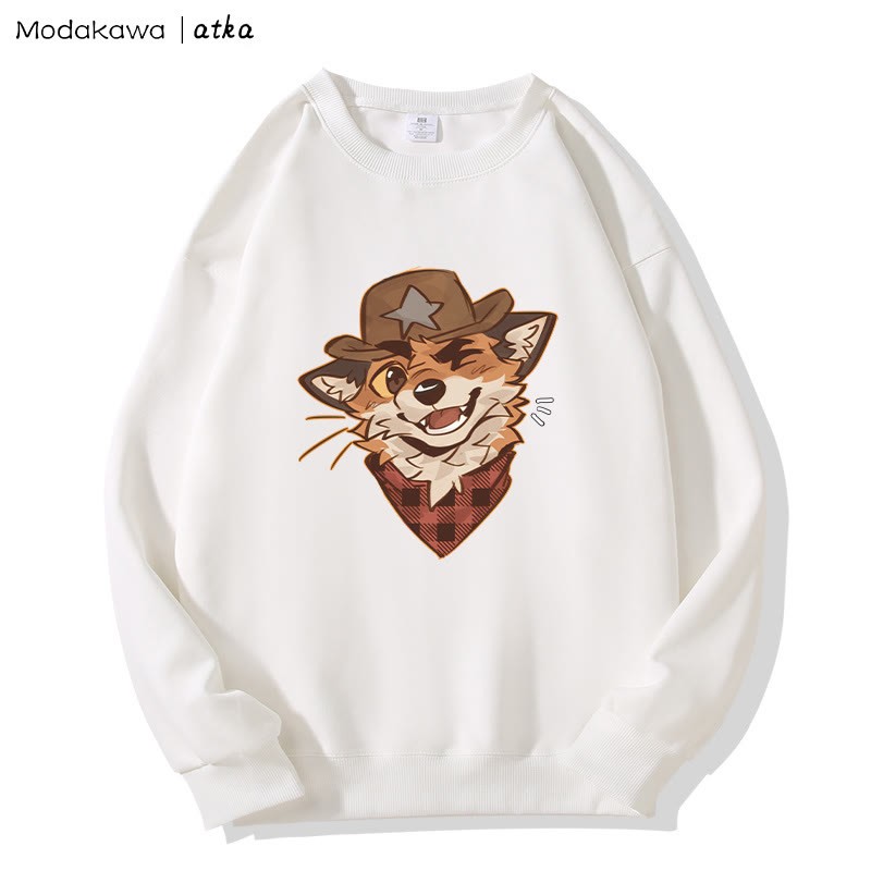 MODAKAWA X atka Cowboy Fox Winking Graphic Round Collar Sweatshirt - White - 5XL - image 4