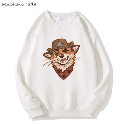 MODAKAWA X atka Cowboy Fox Winking Graphic Round Collar Sweatshirt - White - 5XL - image 4