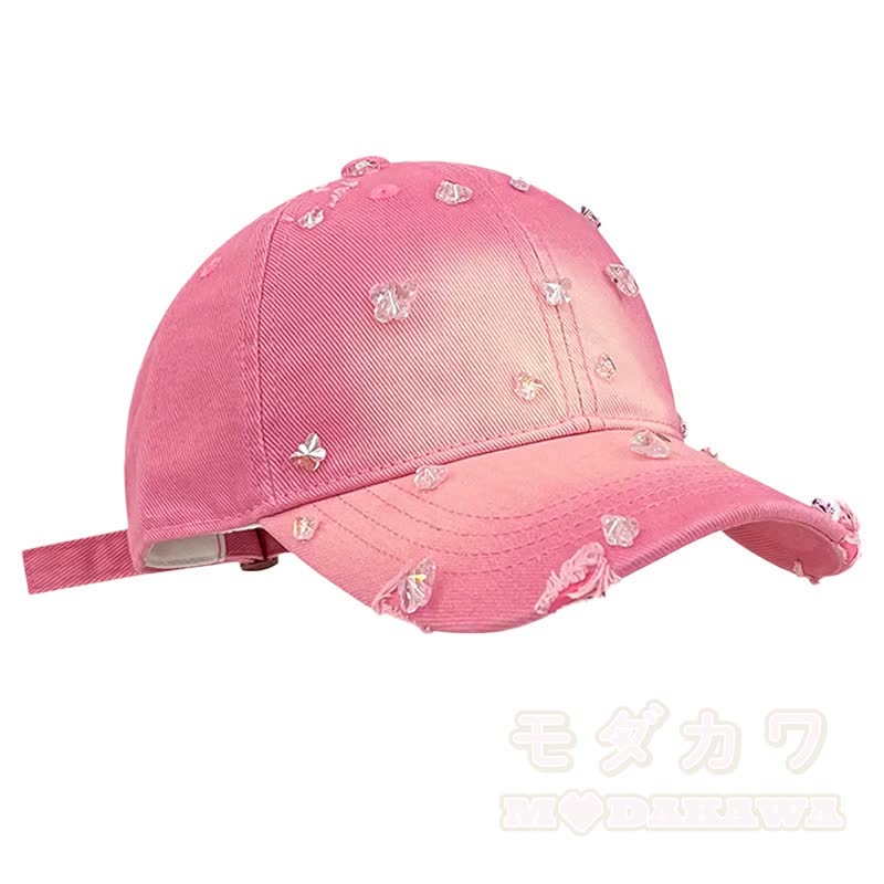 Baseballkappe mit Strasssteinen und Schmetterlingsmotiv im Used-Look - Rosa - image 4