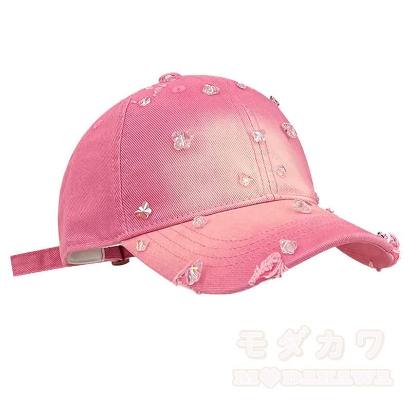 Baseballkappe mit Strasssteinen und Schmetterlingsmotiv im Used-Look - Rosa - image 4