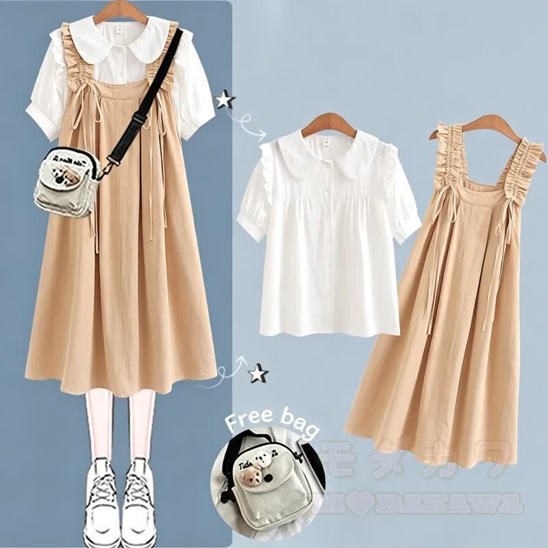 College-Stil Kurzarm-Hemdkleid mit Trägern, zweiteiliges Set - Khaki-Set B - XL - image 7