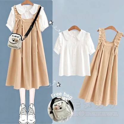 College-Stil Kurzarm-Hemdkleid mit Trägern, zweiteiliges Set - Khaki-Set B - XL - image 7