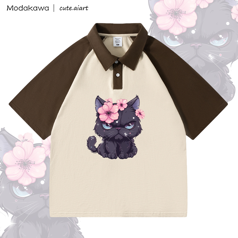 MODAKAWA X cute.aiart Floral Cat Graphic 100% Cotton POLO T-Shirt - Brown & Apricot - 4XL - image 2