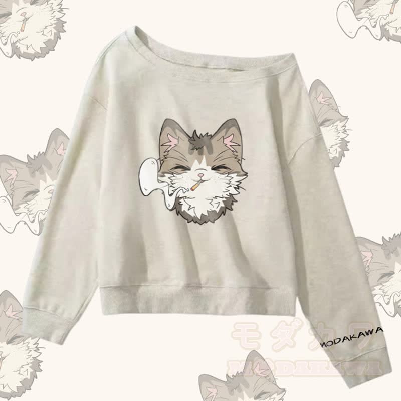 MODAKAWA Smoking Cat Graphic Off Shoulder Sweatshirt - Grau - L - image 4