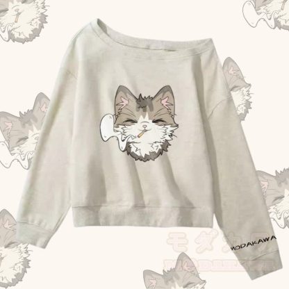 MODAKAWA Smoking Cat Graphic Off Shoulder Sweatshirt - Grau - L - image 4