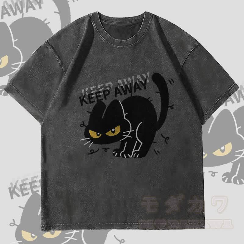 MODAKAWA KEEP AWAY Schwarze Katze Grafik Unisex Vintage Washed T-Shirt - Schwarz - 4XL - image 4