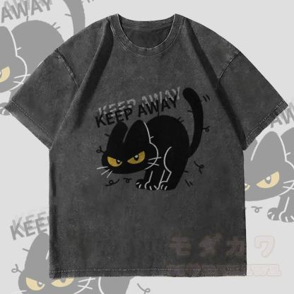 MODAKAWA KEEP AWAY Schwarze Katze Grafik Unisex Vintage Washed T-Shirt - Schwarz - 4XL - image 4