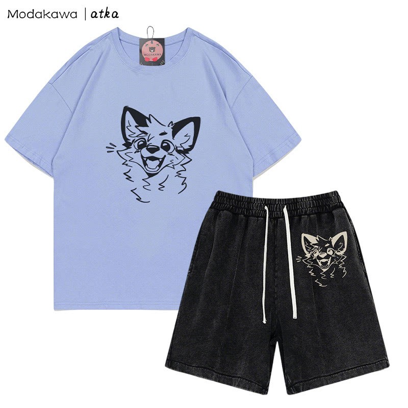 MODAKAWA X atka T-Shirt mit fröhlicher Fuchsgrafik und verwaschenen Vintage-Shorts, zweiteiliges Set - Lavender Blue&Black - 3XL - image 8