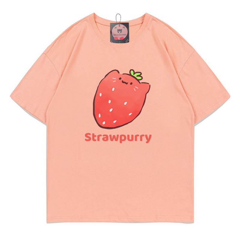STRAWPURRY Strawberry Purr Print Modakawa T-Shirt - Peach - 5XL - image 4