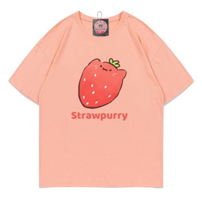 STRAWPURRY Strawberry Purr Print Modakawa T-Shirt - Peach - 5XL - image 4