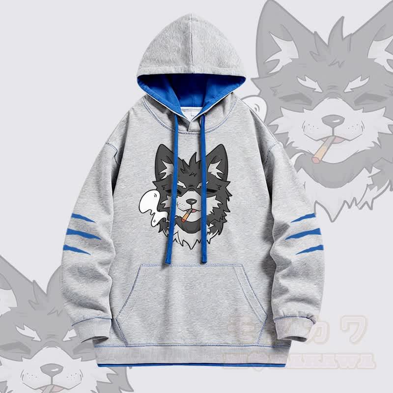 KODA Smoking Puppy Grafik Modakawa Oversized Pullover Hoodie mit Kontrastfutter - Grau - 4XL - image 3