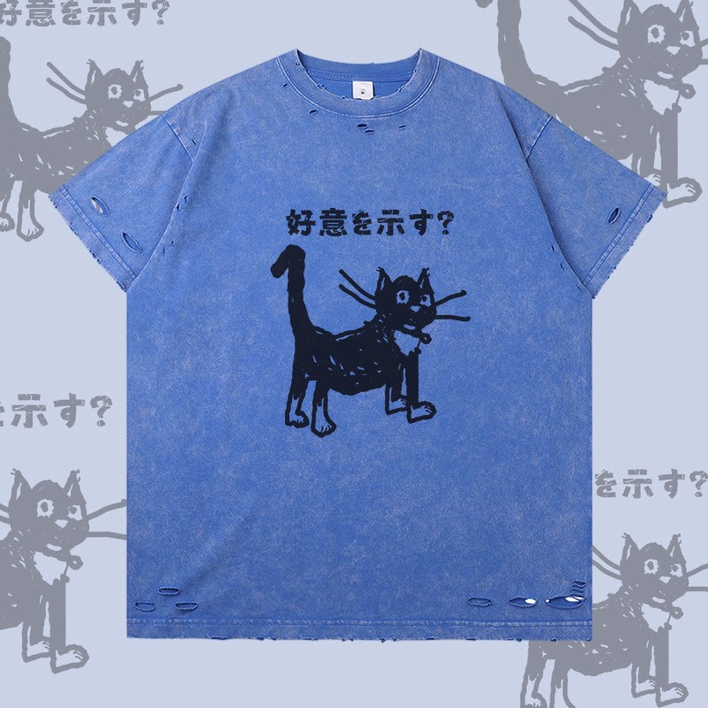 Kind Cat Graphic Modakawa Ripped T-Shirt - Blue - 2XL - image 4