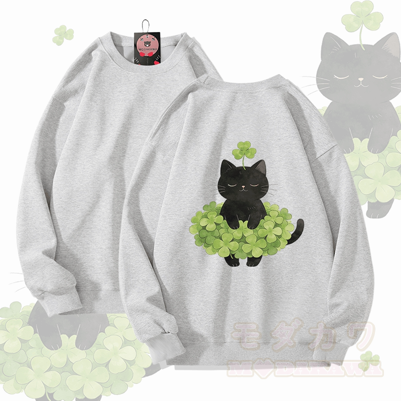 Modakawa Unisex-Sweatshirt mit vierblättrigem Kleeblatt und schwarzer Katze (Grafik) - Grau - 5XL - image 3