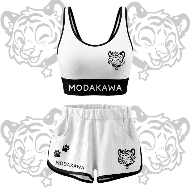 Happy Tiger Grafik Crop Tank Sport Top Shorts Bikini Modakawa passendes Outfit - White Set - 5XL - image 16