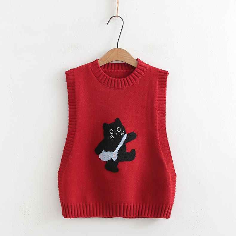 Dreiteiliges Set aus Strickweste, Bluse und Rock mit Rundhalsausschnitt und Katzenmotiv - Rote Weste - One Size - image 11