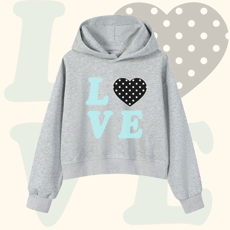 Modakawa Cropped Cotton Hoodie mit LOVE-Buchstaben und Polka-Dot-Grafik - Grey - 3XL - image 3