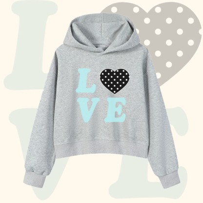 Modakawa Cropped Cotton Hoodie mit LOVE-Buchstaben und Polka-Dot-Grafik - Grey - 3XL - image 3