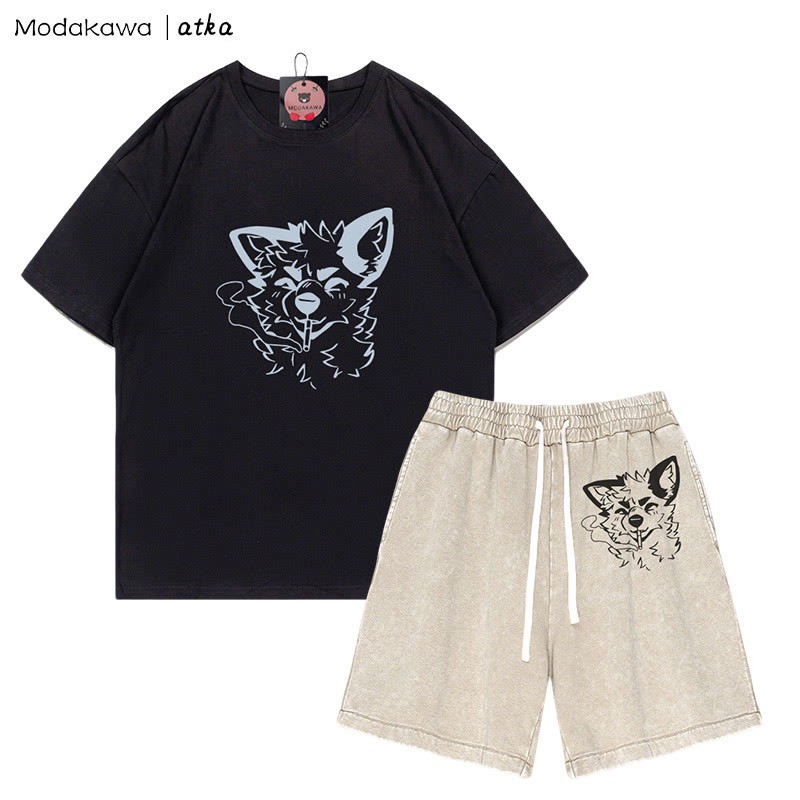 MODAKAWA X atka Fox Smoking Graphic T-Shirt Vintage Washed Shorts Zweiteiliges Set - Black&Apricot - 3XL - image 6