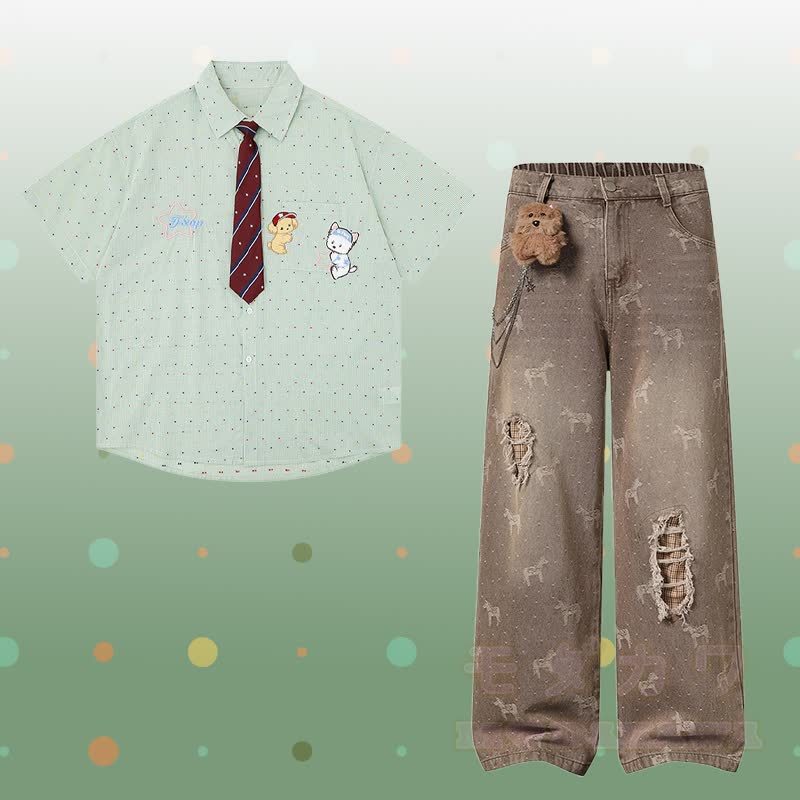 Krawatte mit Welpenstickerei, kariertes Hemd, 3D-Bärenkette, zerrissene Jeans, Modakawa-Partnerlook - Satz C - XL - image 3