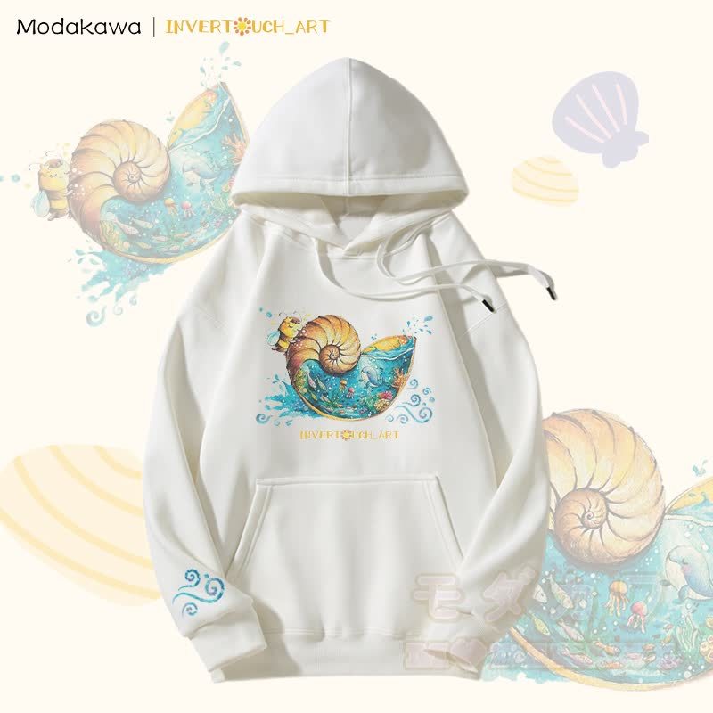 MODAKAWA X INVERTOUCH_ART Fleecegefütterter Hoodie mit Muschel- und Bienenmotiv - Weiß - 5XL - image 3