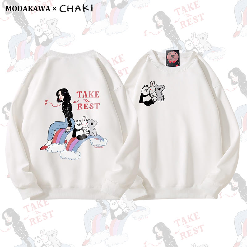 Gönn dir eine Pause! Mädchen sitzt mit Tieren auf einem Sweatshirt mit Regenbogenmotiv und Rundhalsausschnitt - White - 5XL - image 4