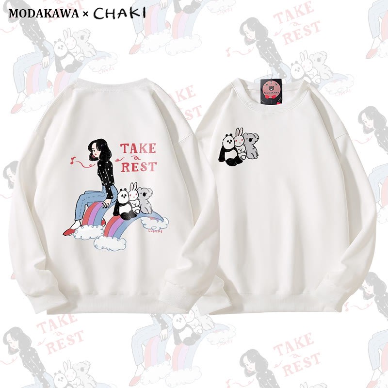 Gönn dir eine Pause! Mädchen sitzt mit Tieren auf einem Sweatshirt mit Regenbogenmotiv und Rundhalsausschnitt - White - 5XL - image 4