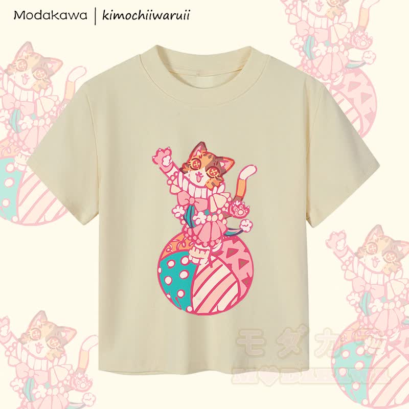 MODAKAWA X kimochiiwaruii Damen-Crop-Top mit Zirkuskatzen-Motiv, 92 % gekämmte Baumwolle - Aprikose - XL - image 3