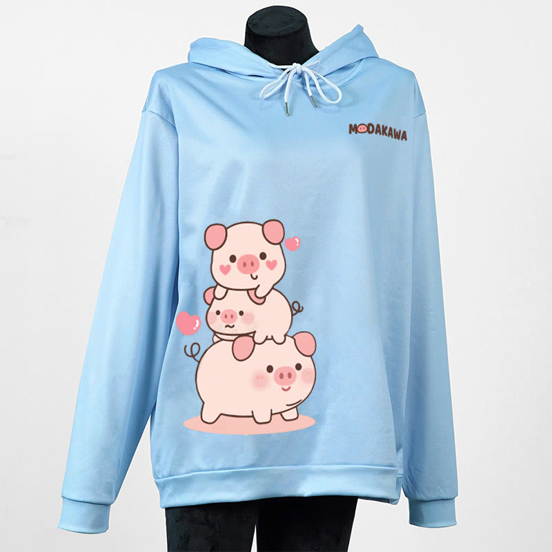 Modakawa-Hoodie mit gestapeltem Schweine-Buchstabenprint (locker) - Blue - 6XL - image 3