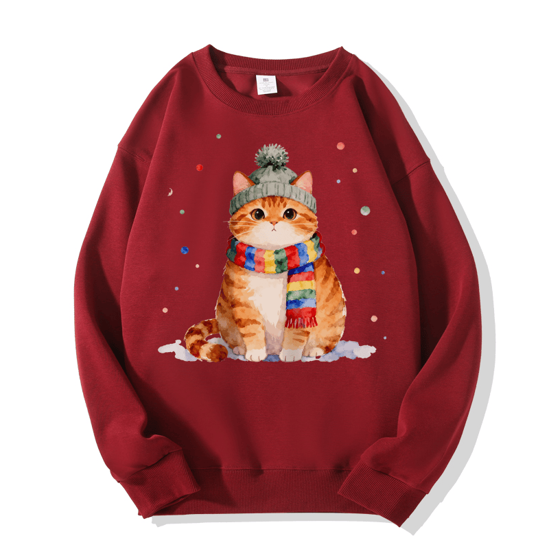 Winter-Sweatshirt mit Katzenmotiv und Rundhalsausschnitt - Wine Red - 5XL - image 4