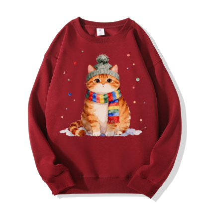 Winter-Sweatshirt mit Katzenmotiv und Rundhalsausschnitt - Wine Red - 5XL - image 4