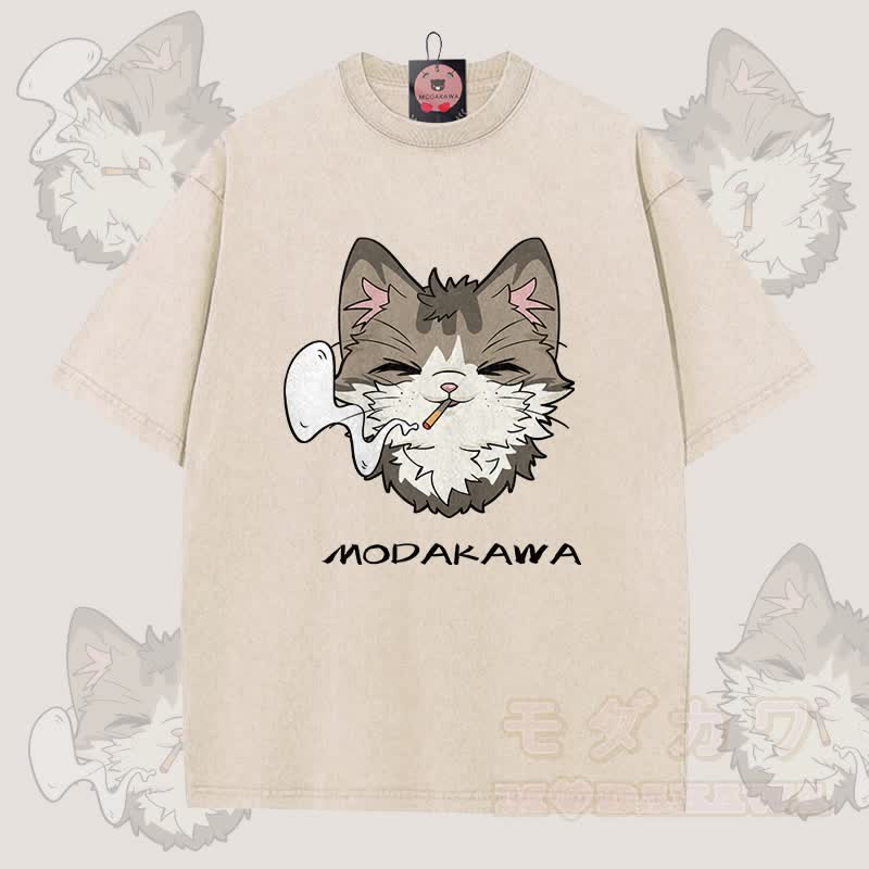 MODAKAWA Smoking Cat Grafik Unisex Vintage Washed T-Shirt - Aprikose - 5XL - image 4