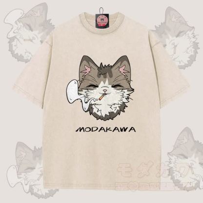 MODAKAWA Smoking Cat Grafik Unisex Vintage Washed T-Shirt - Aprikose - 5XL - image 4