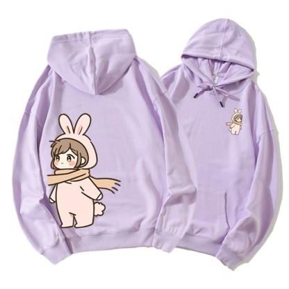 Niedlicher Cartoon Junge und Mädchen Grafik Paar Passender Hoodie - Purple B - 5XL - image 11